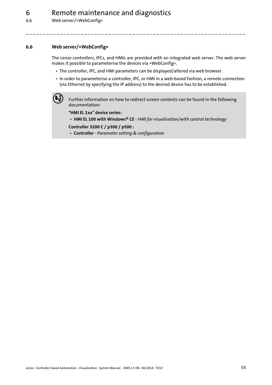 6 web server/»webconfig, Web server/»webconfig, 6remote maintenance and diagnostics | Lenze Controller-based Automation User Manual | Page 55 / 63