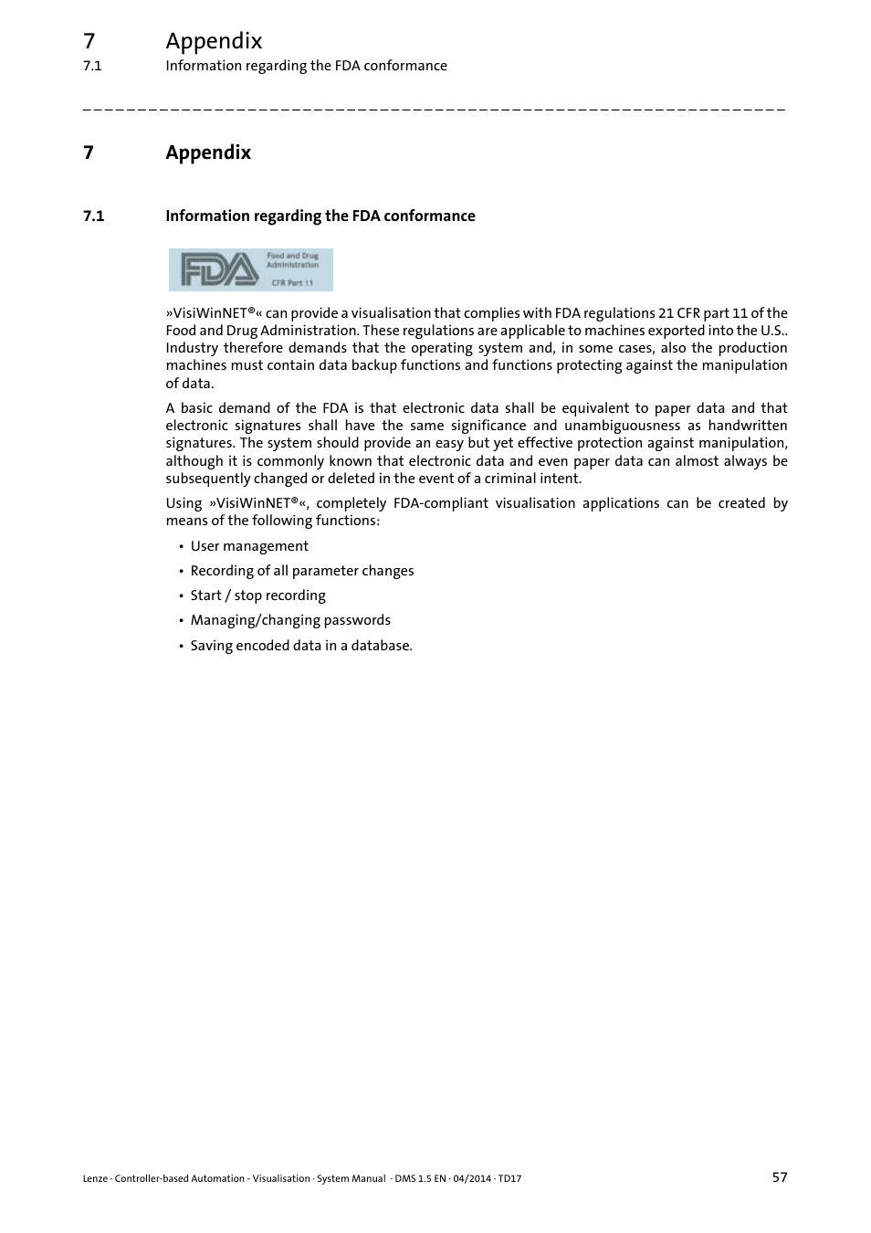 7 appendix, 1 information regarding the fda conformance, Appendix | Information regarding the fda conformance, 7appendix | Lenze Controller-based Automation User Manual | Page 57 / 63