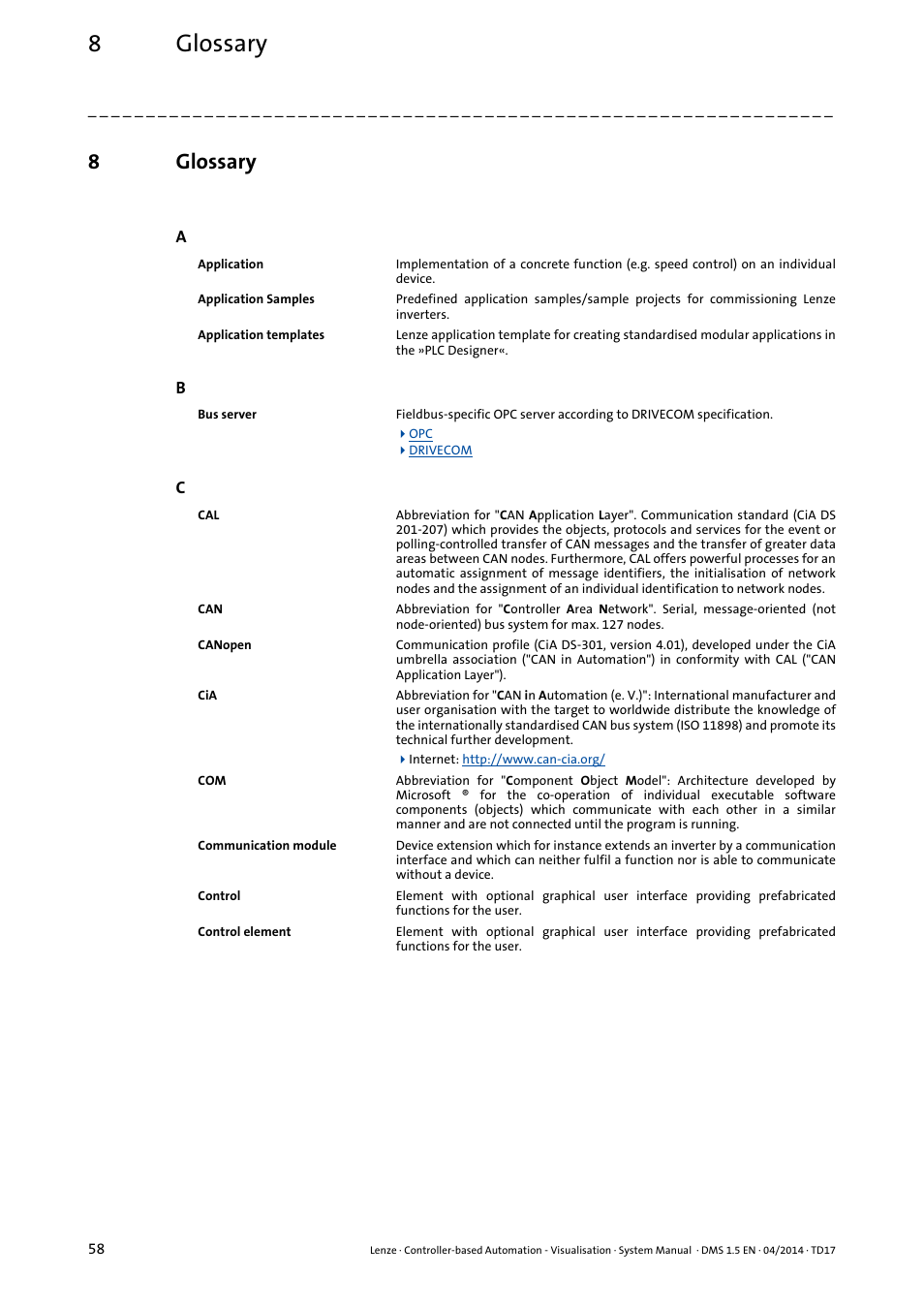 8 glossary, Glossary, 8glossary | Lenze Controller-based Automation User Manual | Page 58 / 63