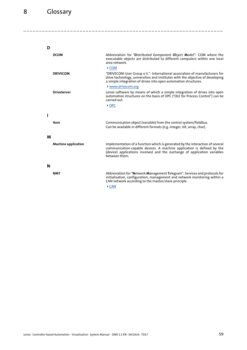 Drivecom, 8glossary | Lenze Controller-based Automation User Manual | Page 59 / 63