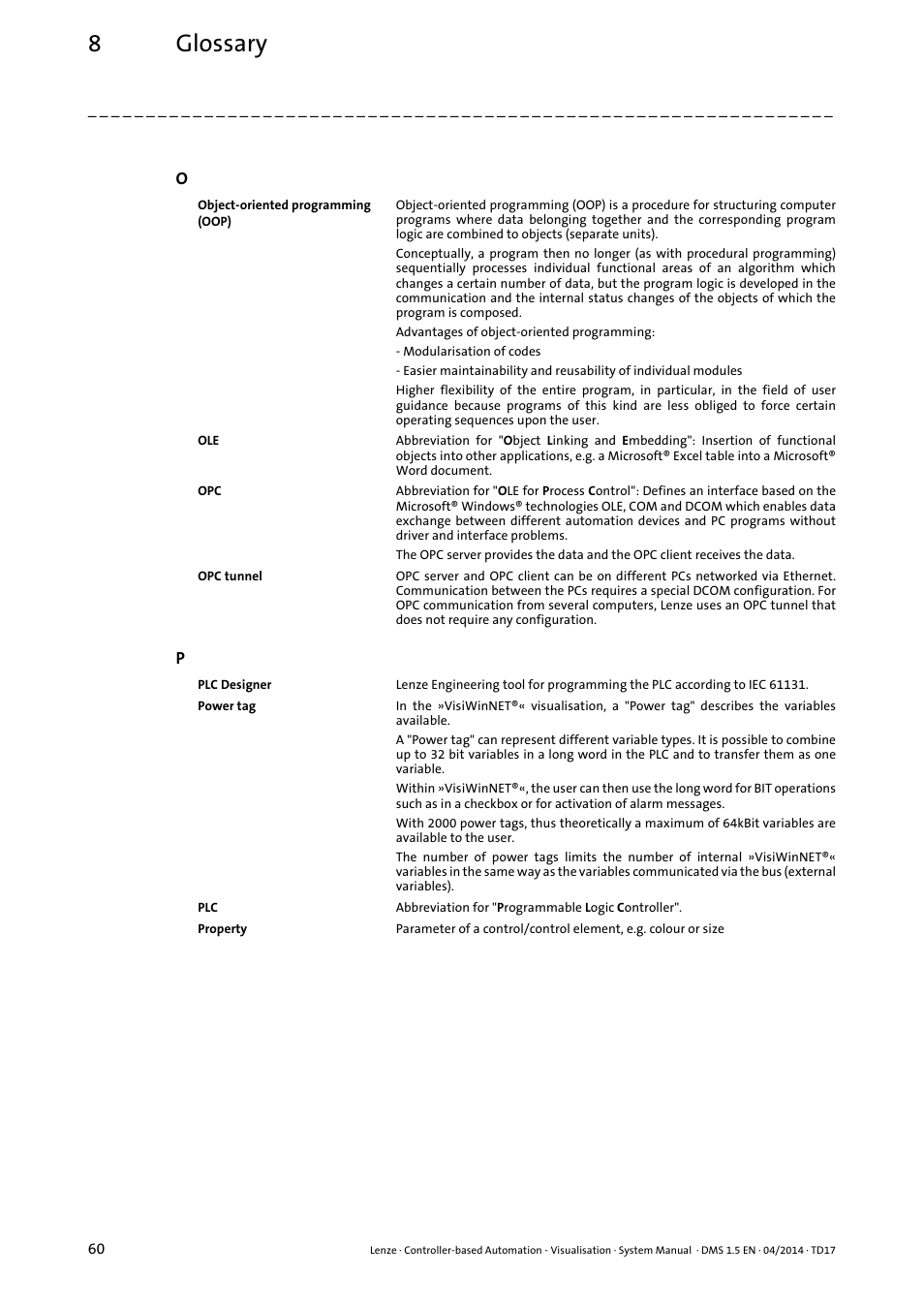Opc tunnel ( 60), 8glossary | Lenze Controller-based Automation User Manual | Page 60 / 63