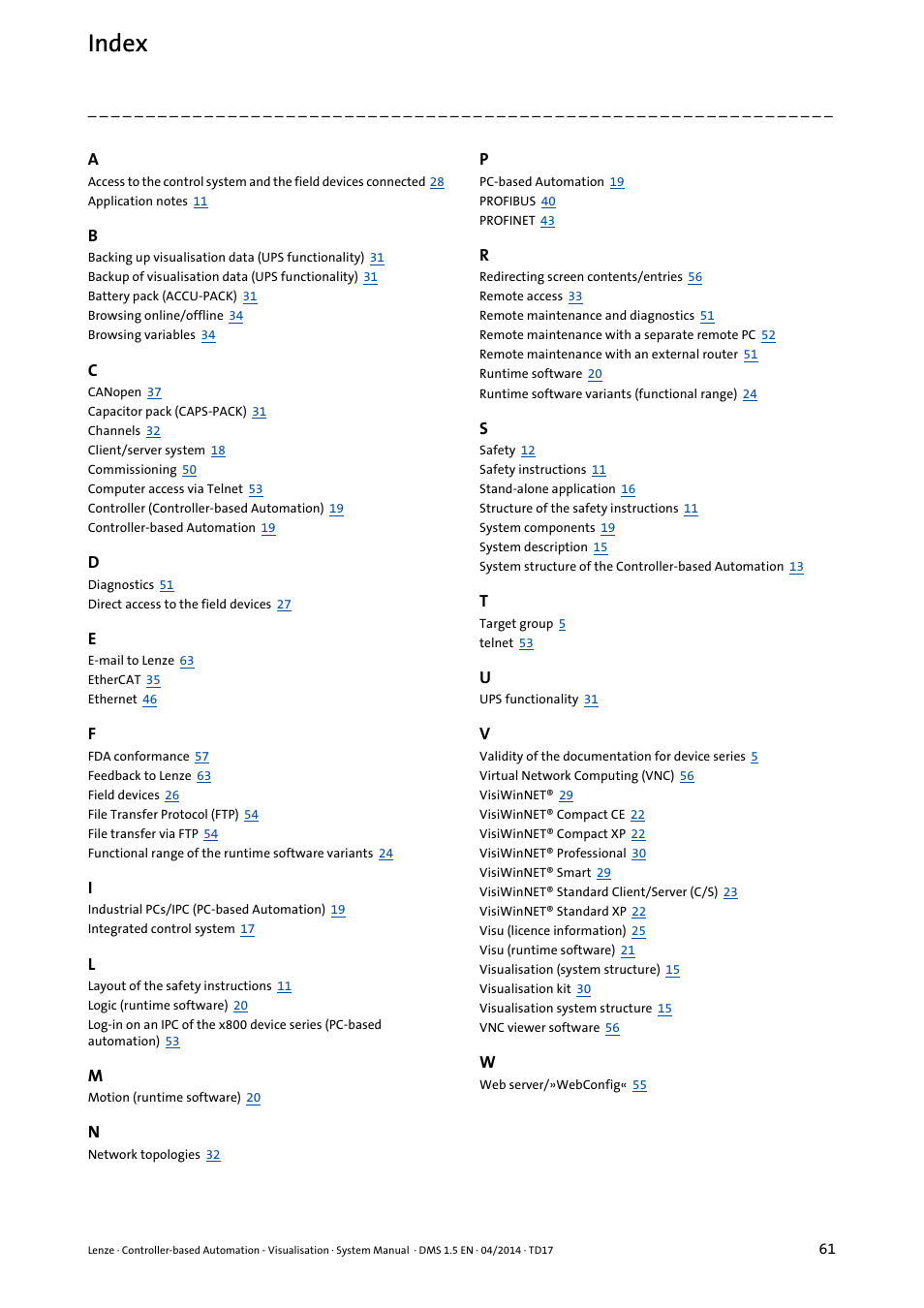 Index | Lenze Controller-based Automation User Manual | Page 61 / 63