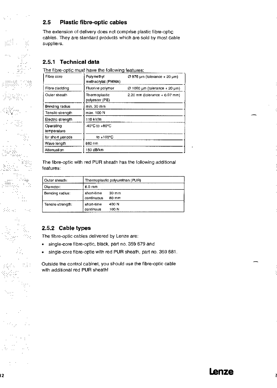 Lanze, 5 plastic fibre-aptic cables, 1 technical data | 2 cable types | Lenze 2126IB LECOM-Li User Manual | Page 14 / 29