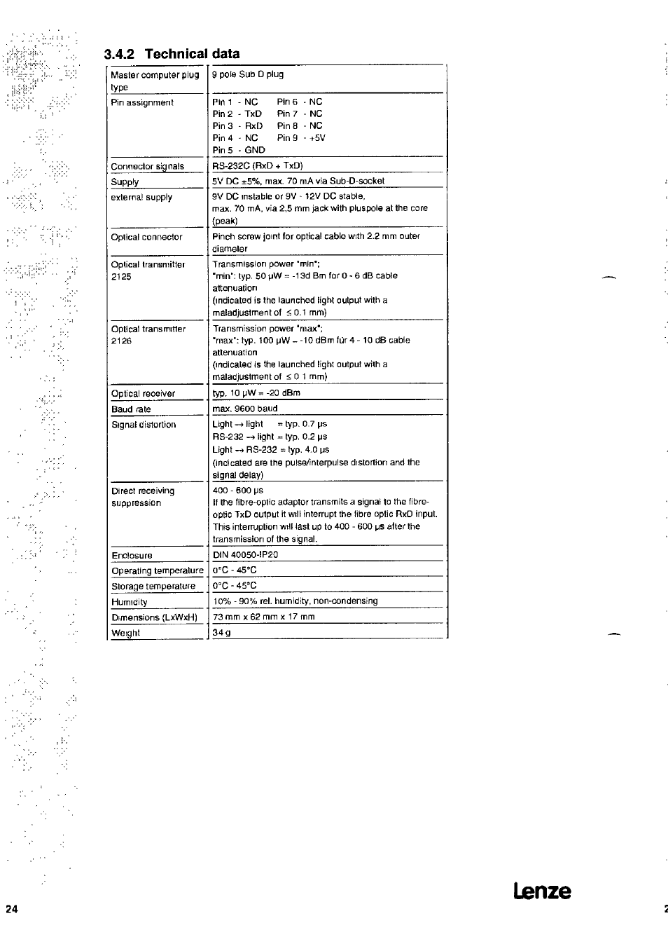 Lanze, 2 technical data, Max. 9800 baad | Sturage temperatome | Lenze 2126IB LECOM-Li User Manual | Page 26 / 29