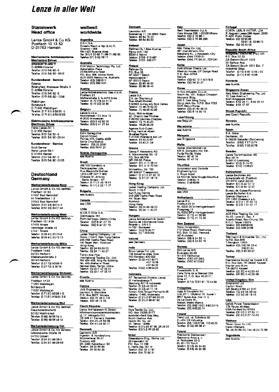 Lenze in aller welt, Heed offlce, O-xrons | Deutschland germany, Weltweit waildwlde | Lenze 2126IB LECOM-Li User Manual | Page 28 / 29