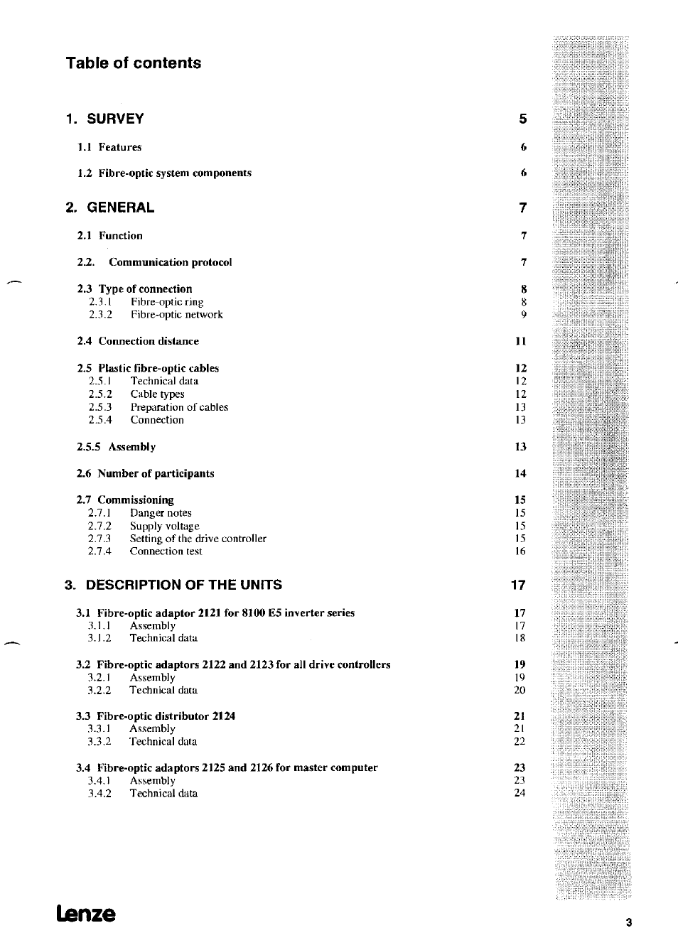 Lanze, Table of contents 1. survev, General 7 | Description of the uniis 17 | Lenze 2126IB LECOM-Li User Manual | Page 5 / 29