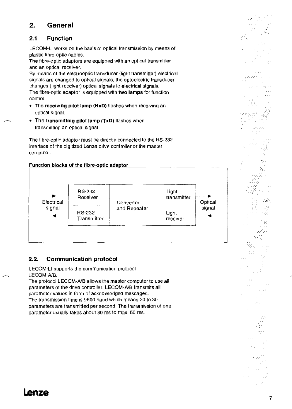 Lanze, General 2.1 function, Cammunlcatian protacol | Lenze 2126IB LECOM-Li User Manual | Page 9 / 29