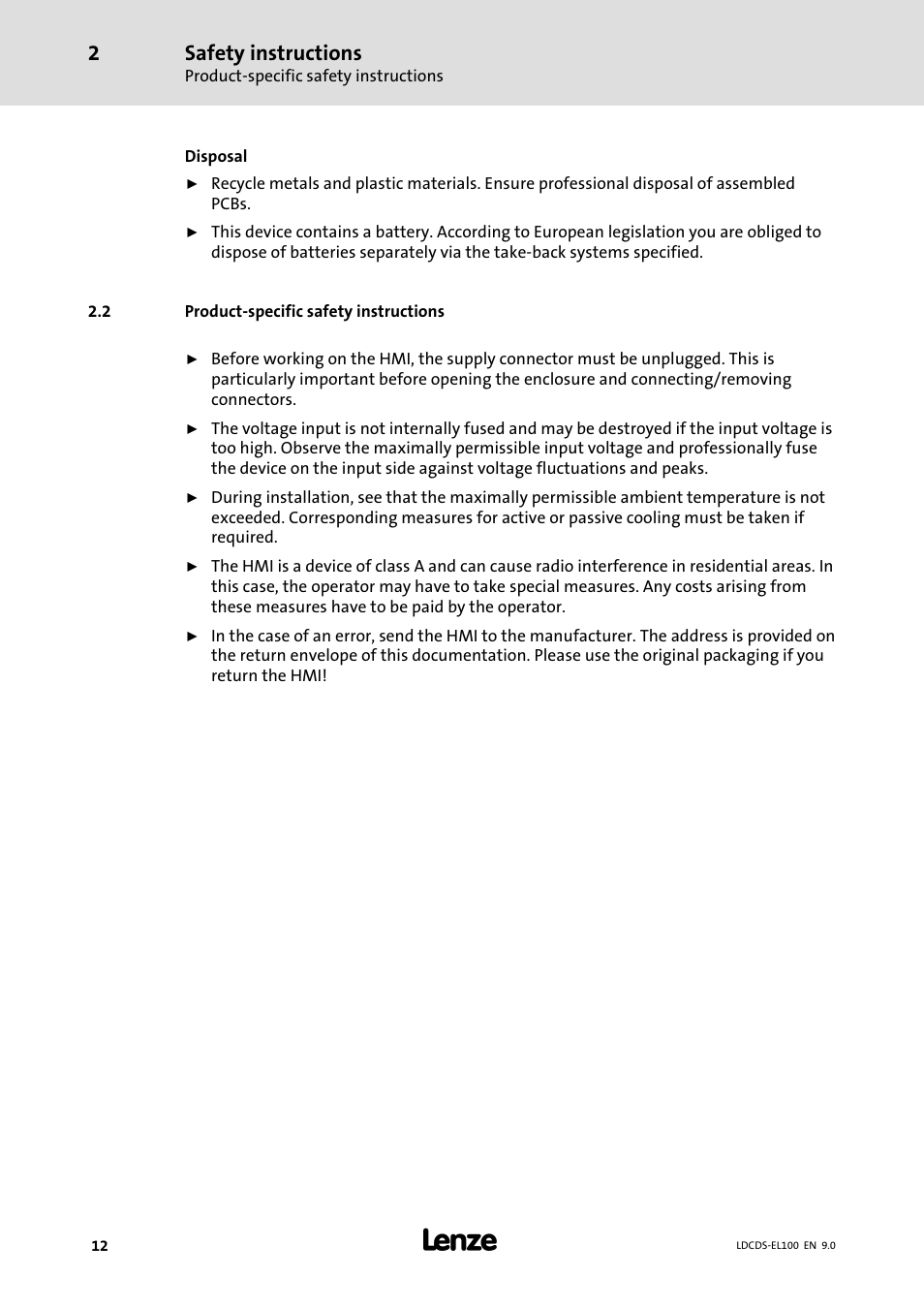 Product-specific safety instructions, Product−specific safety instructions, Safety instructions | Lenze HMI for visualisation / with control technology User Manual | Page 12 / 96