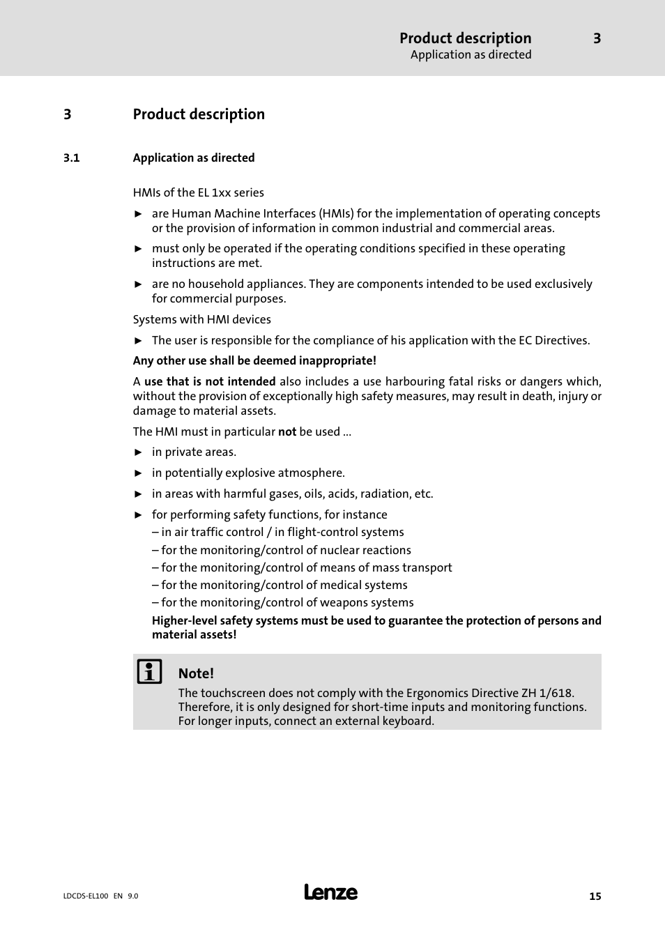 Product description, Application as directed, 3product description | Lenze HMI for visualisation / with control technology User Manual | Page 15 / 96