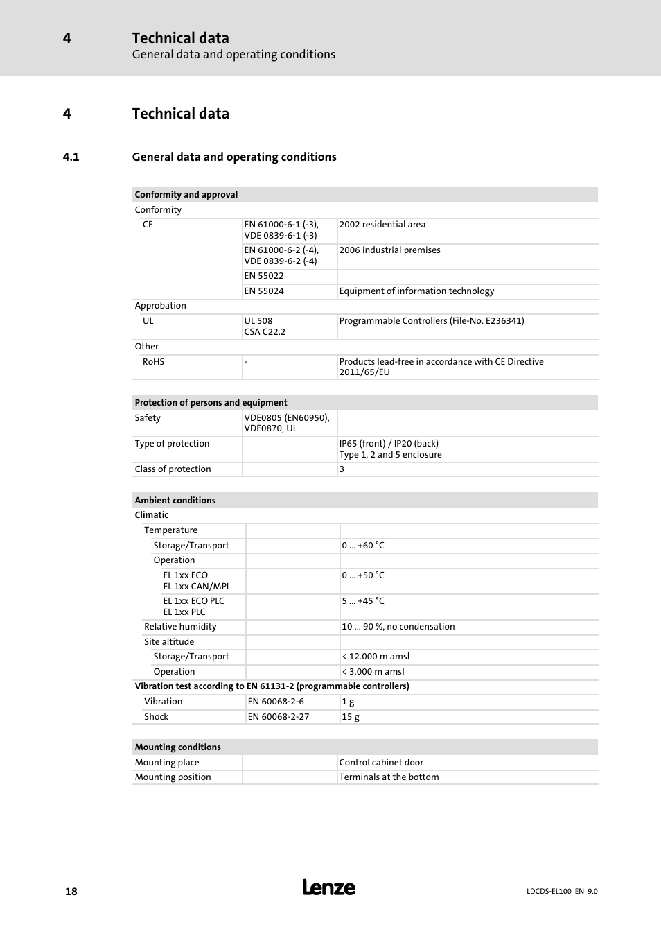Technical data, General data and operating conditions, 4technical data | Lenze HMI for visualisation / with control technology User Manual | Page 18 / 96