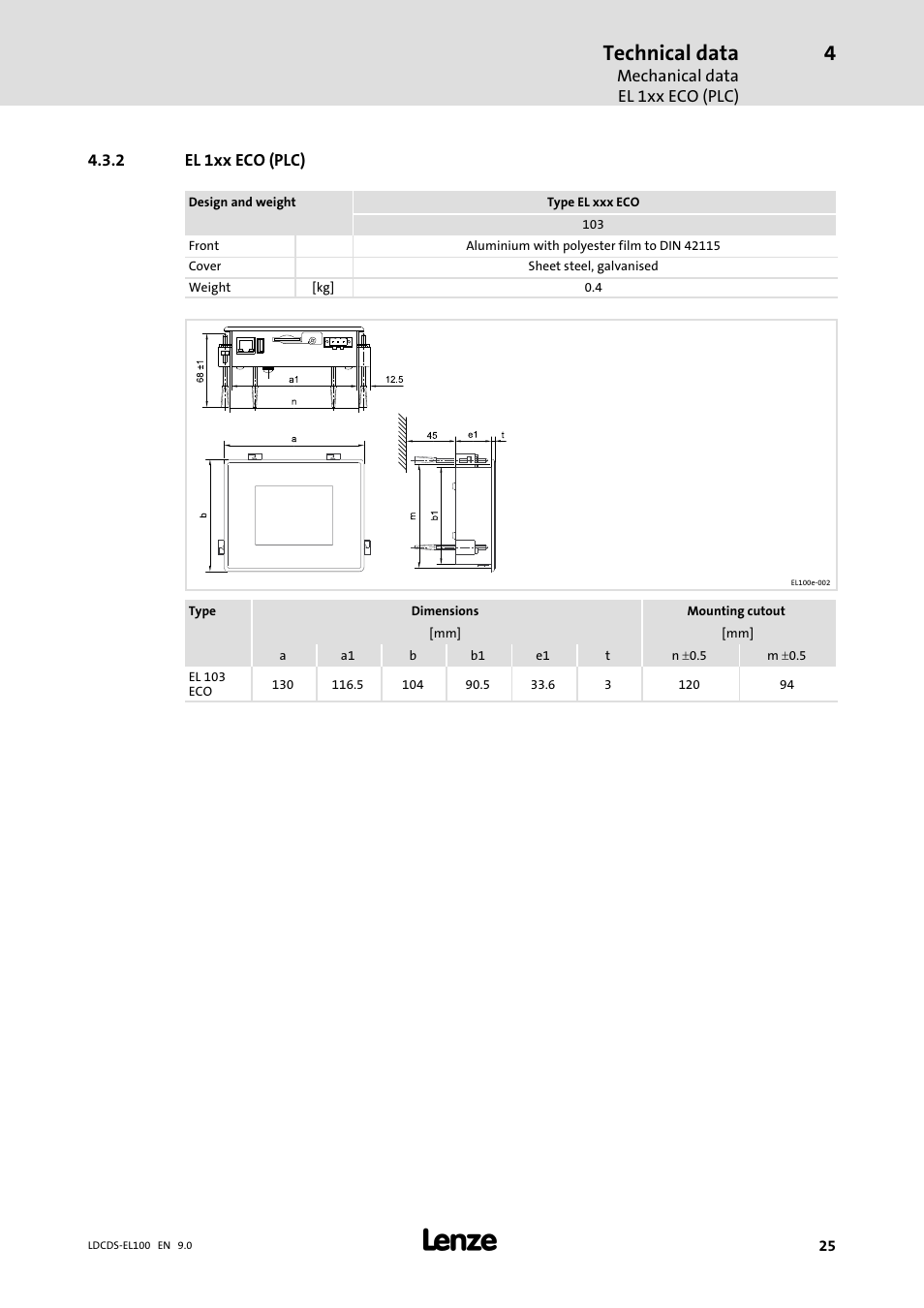 El 1xx eco (plc), Technical data | Lenze HMI for visualisation / with control technology User Manual | Page 25 / 96