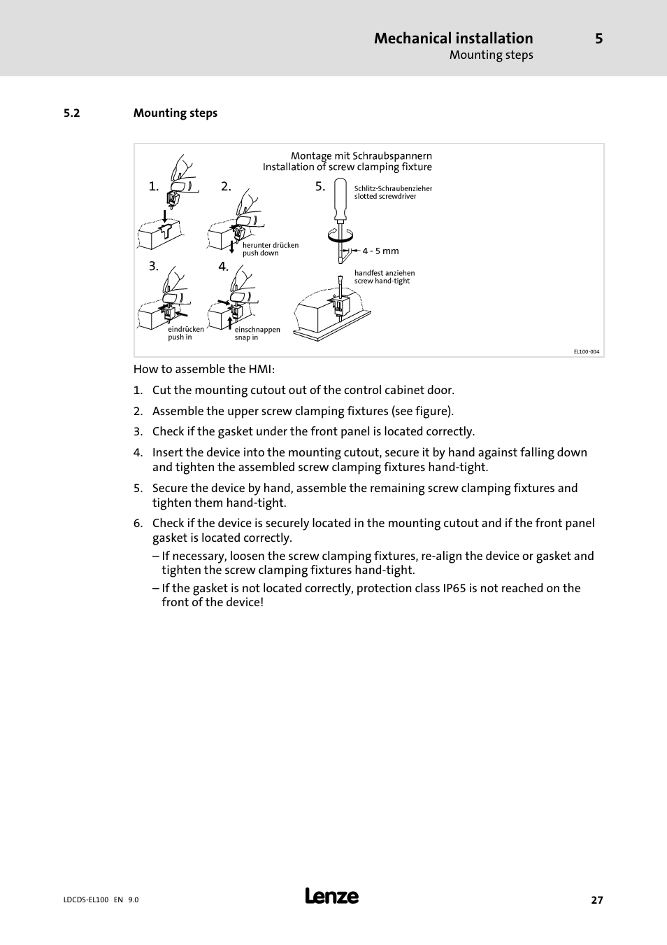 Mounting steps, Mechanical installation | Lenze HMI for visualisation / with control technology User Manual | Page 27 / 96