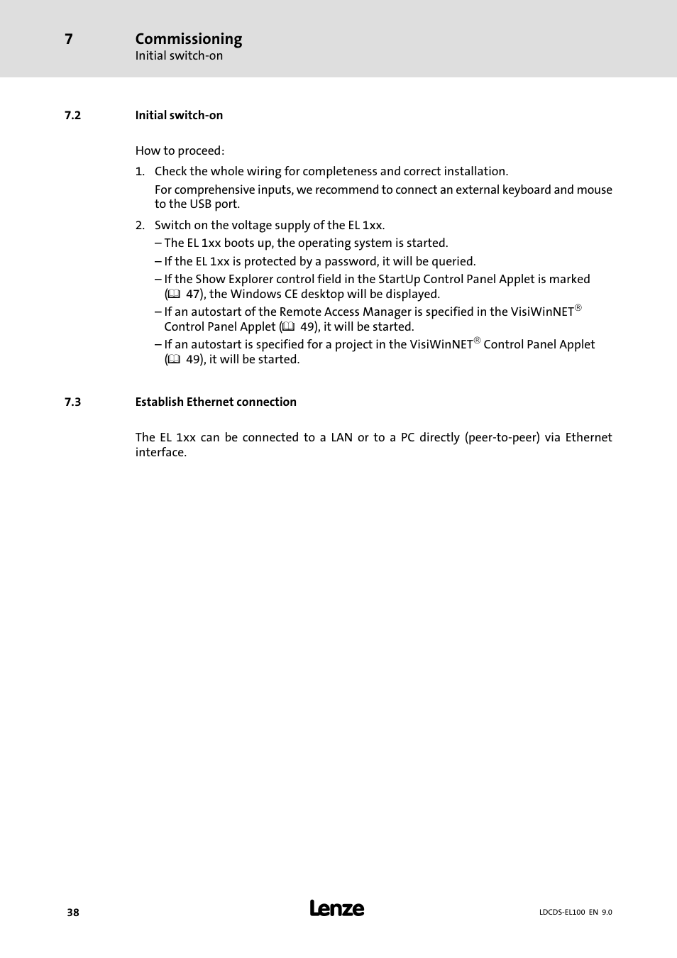 Initial switch-on, Establish ethernet connection, Initial switch−on | Commissioning | Lenze HMI for visualisation / with control technology User Manual | Page 38 / 96