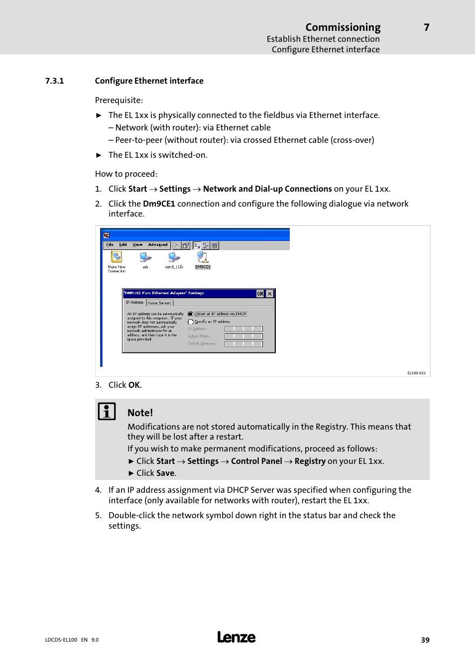Configure ethernet interface, Commissioning | Lenze HMI for visualisation / with control technology User Manual | Page 39 / 96