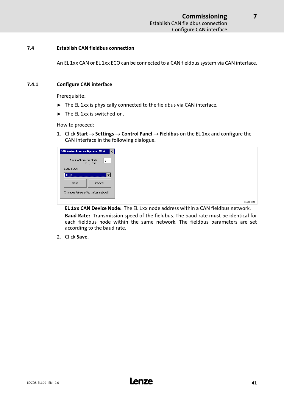 Establish can fieldbus connection, Configure can interface, Commissioning | Lenze HMI for visualisation / with control technology User Manual | Page 41 / 96