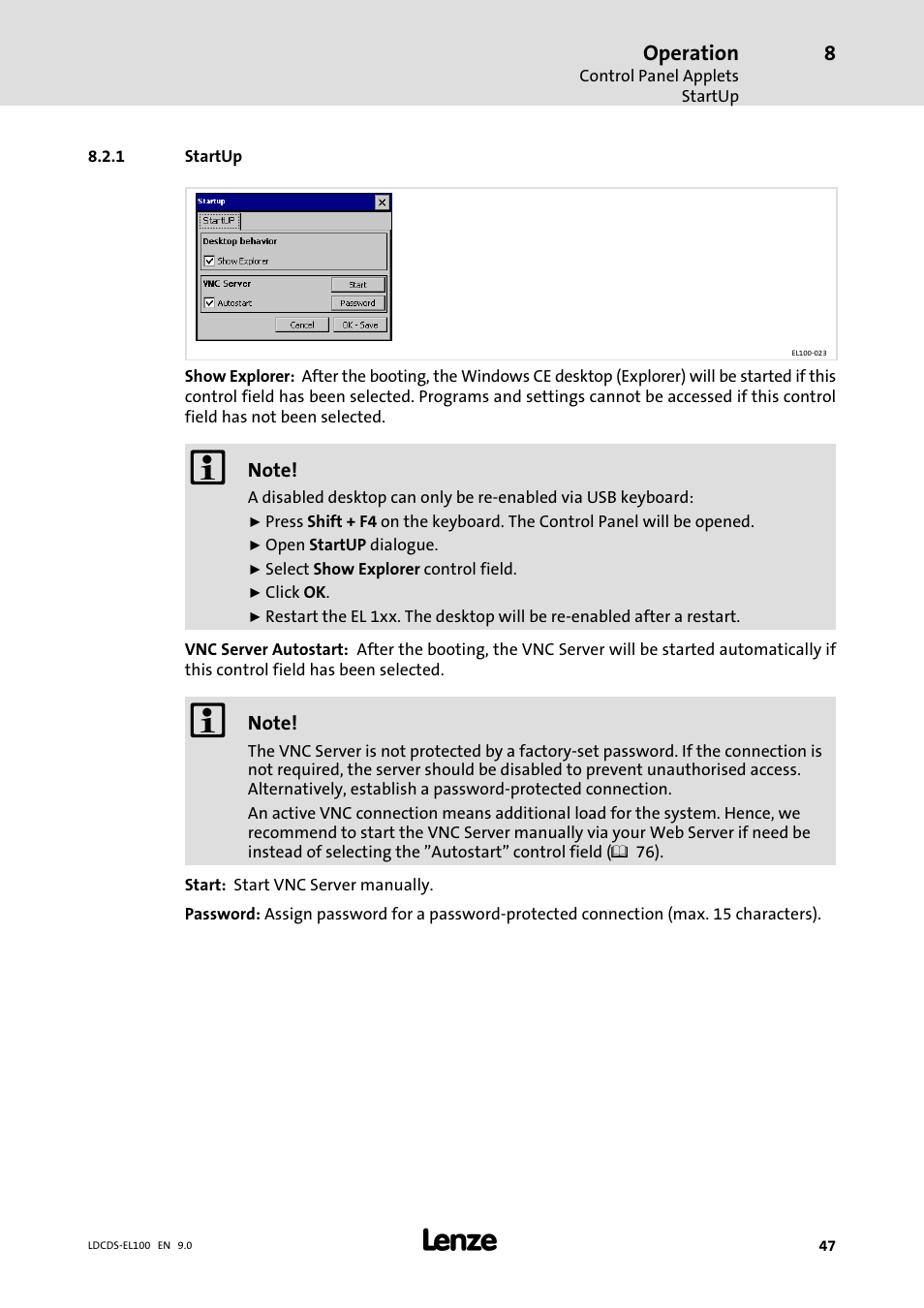 Startup, 47), the windows ce desktop will be displayed | Lenze HMI for visualisation / with control technology User Manual | Page 47 / 96