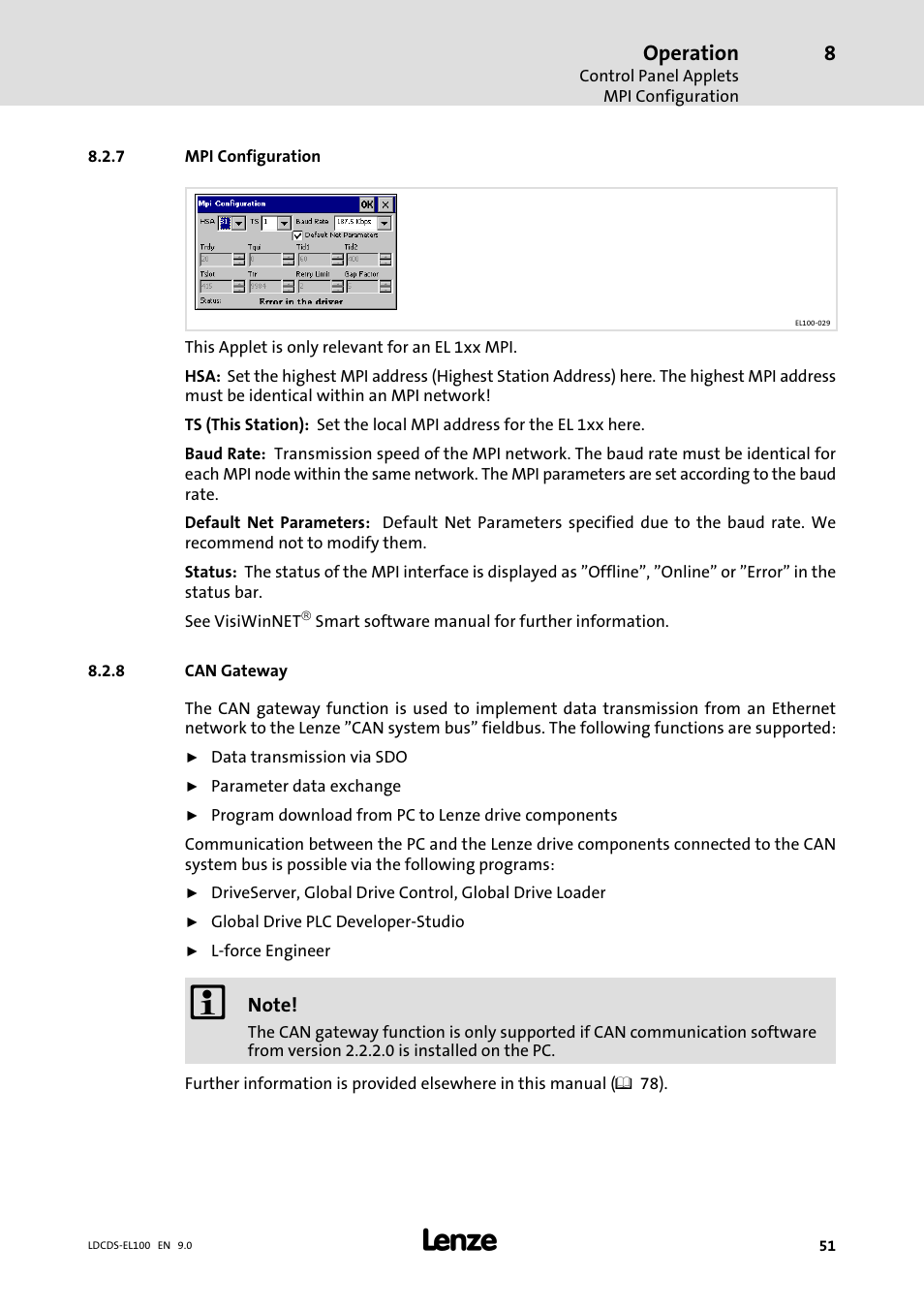 Mpi configuration, Can gateway, Operation | Lenze HMI for visualisation / with control technology User Manual | Page 51 / 96