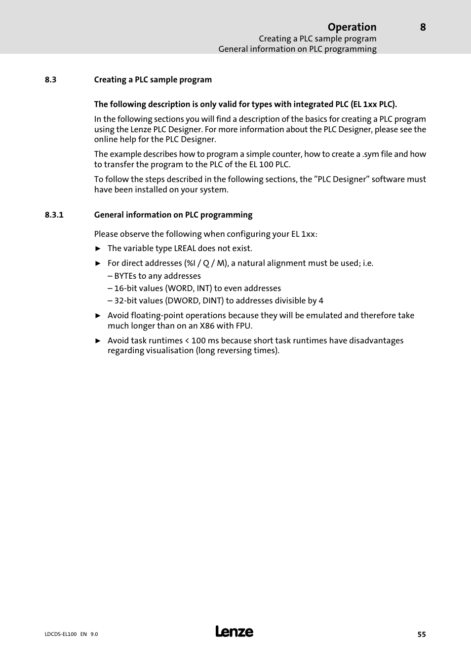 Creating a plc sample program, General information on plc programming, Operation | Lenze HMI for visualisation / with control technology User Manual | Page 55 / 96