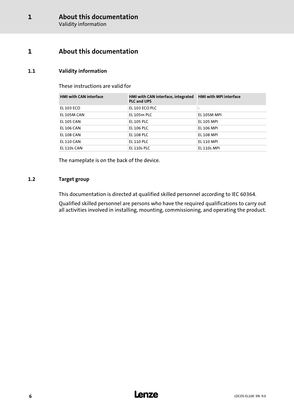 About this documentation, Validity information, Target group | 1about this documentation | Lenze HMI for visualisation / with control technology User Manual | Page 6 / 96