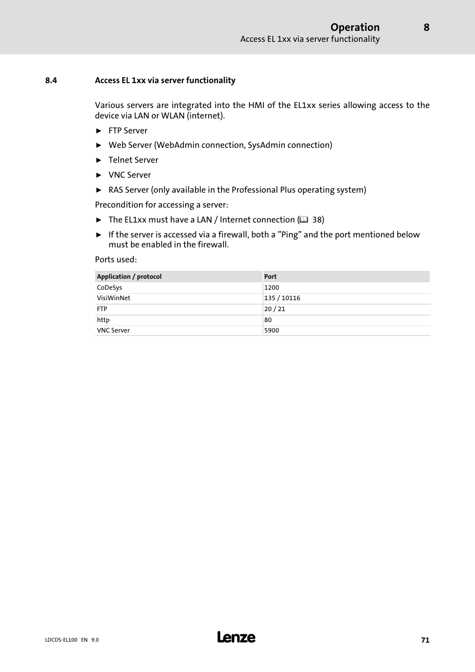 Access el 1xx via server functionality, Operation | Lenze HMI for visualisation / with control technology User Manual | Page 71 / 96