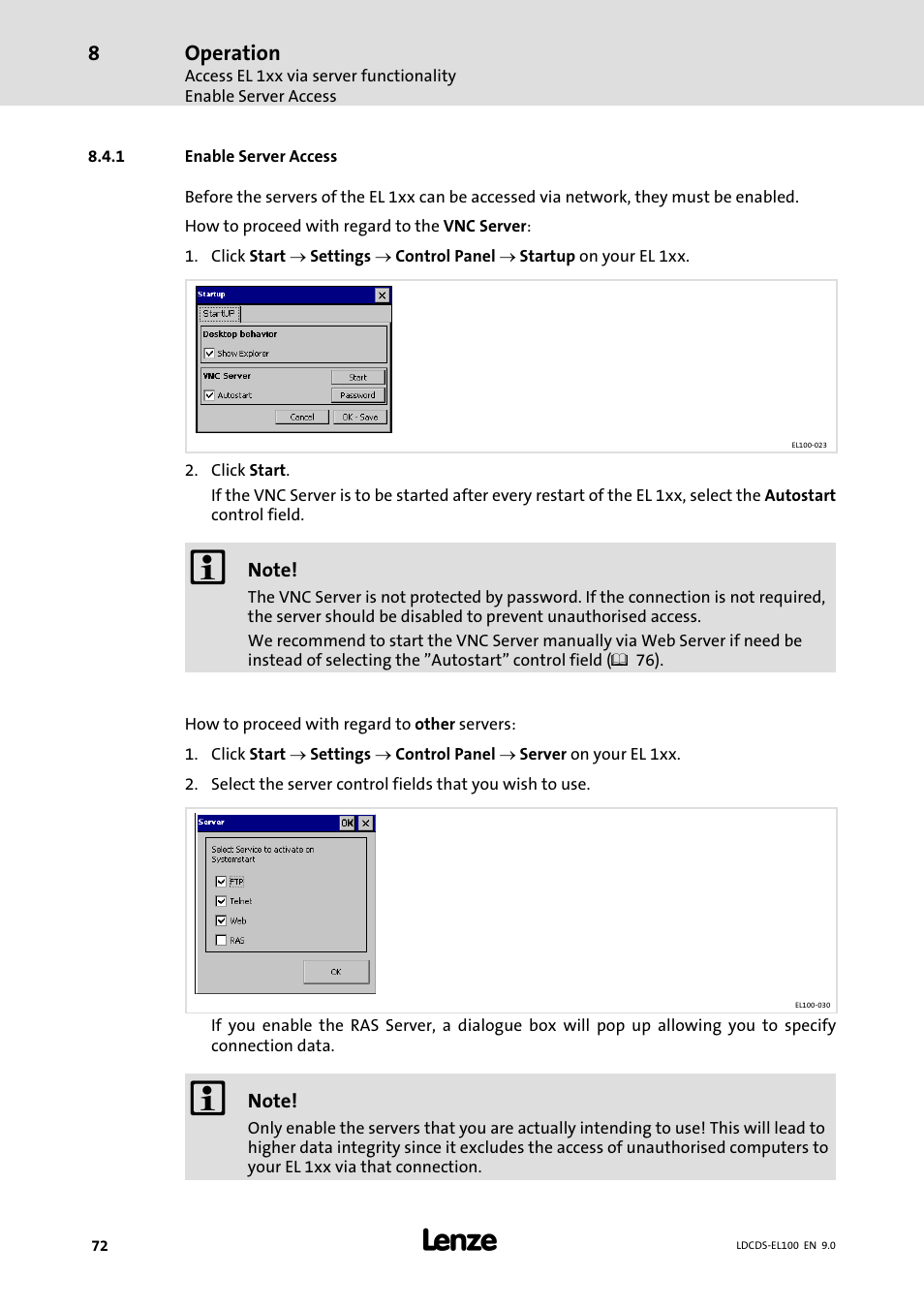 Enable server access | Lenze HMI for visualisation / with control technology User Manual | Page 72 / 96