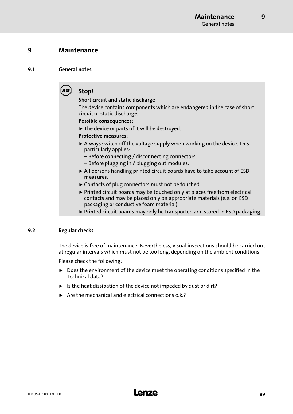 Maintenance, General notes, Regular checks | 9maintenance | Lenze HMI for visualisation / with control technology User Manual | Page 89 / 96