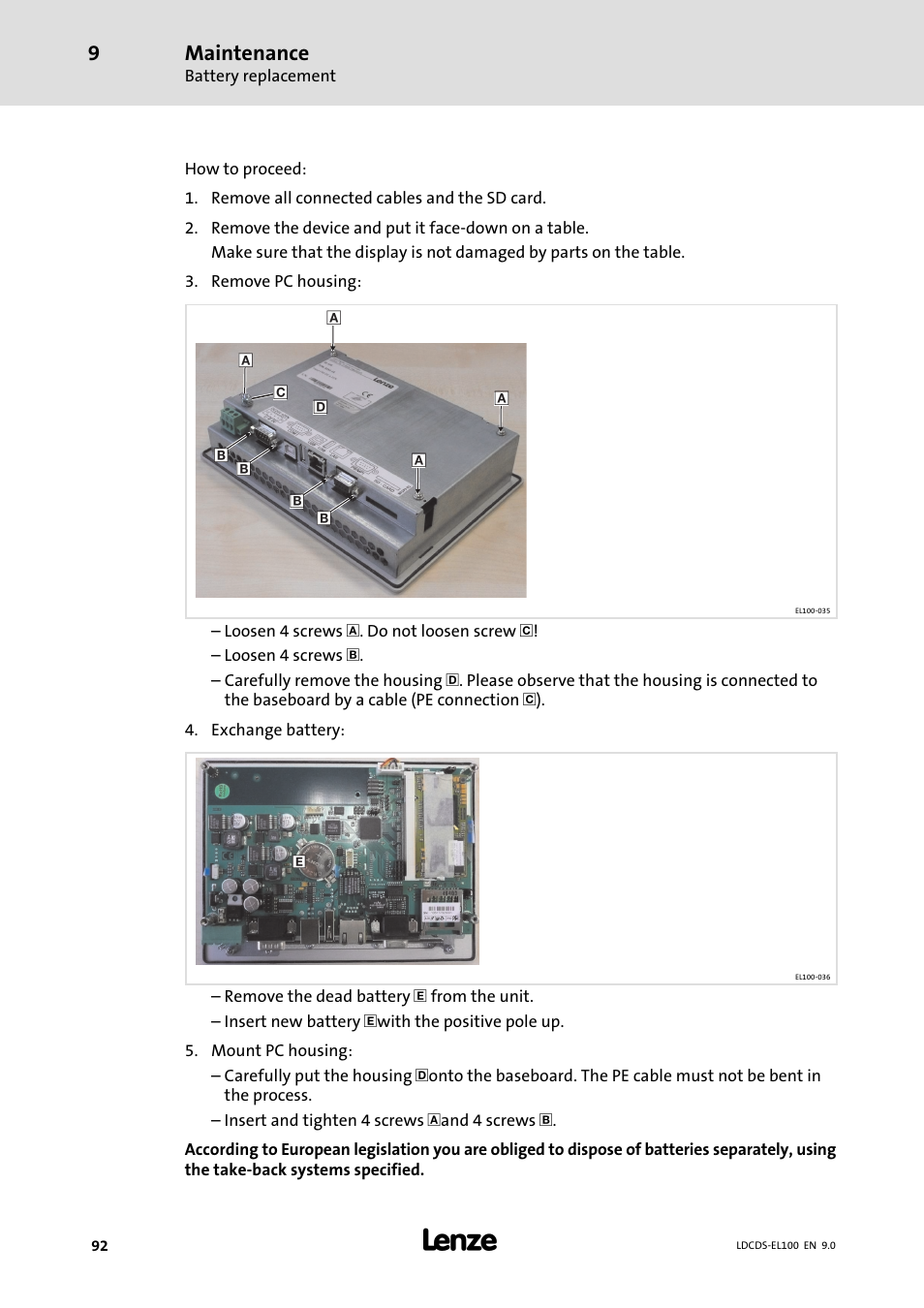 Maintenance | Lenze HMI for visualisation / with control technology User Manual | Page 92 / 96