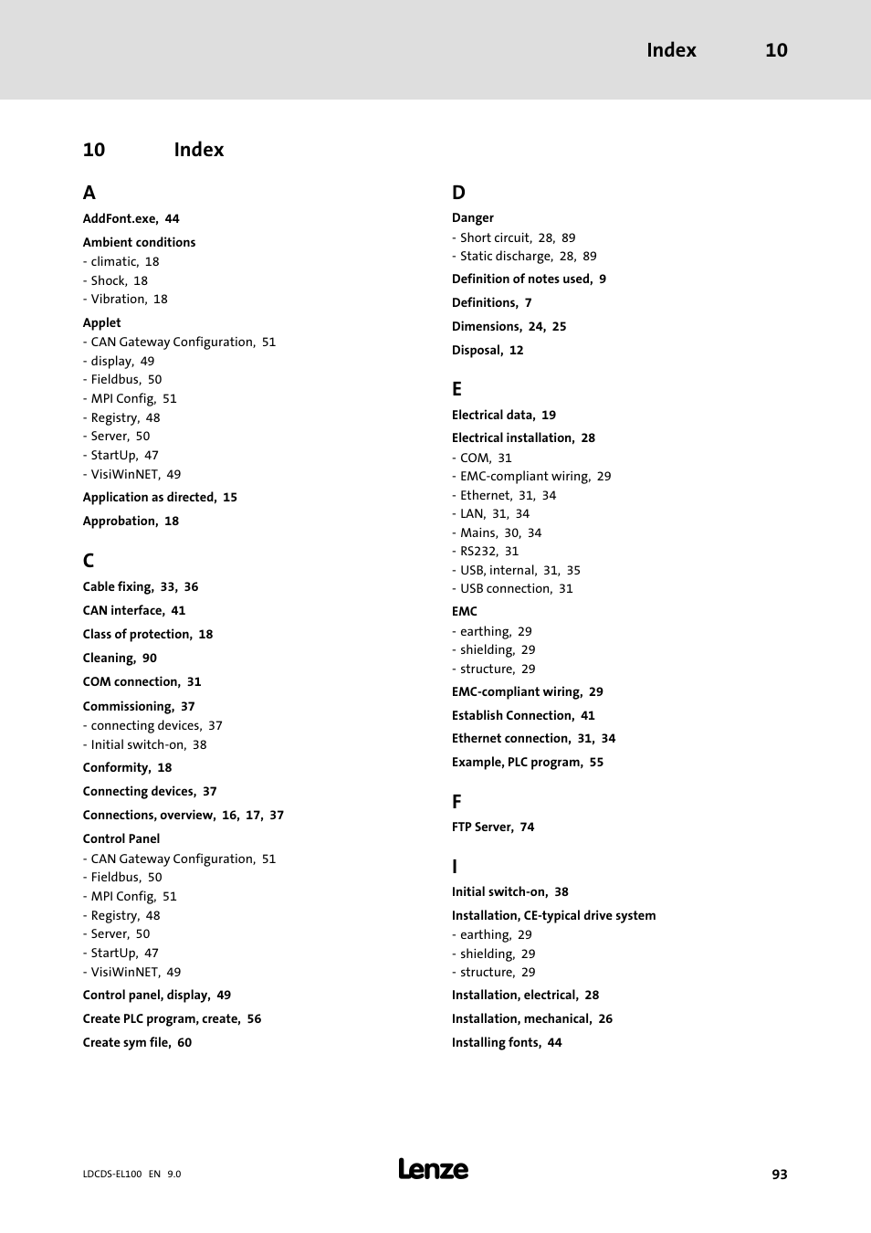 Index, Index 10, 10 index a | Lenze HMI for visualisation / with control technology User Manual | Page 93 / 96