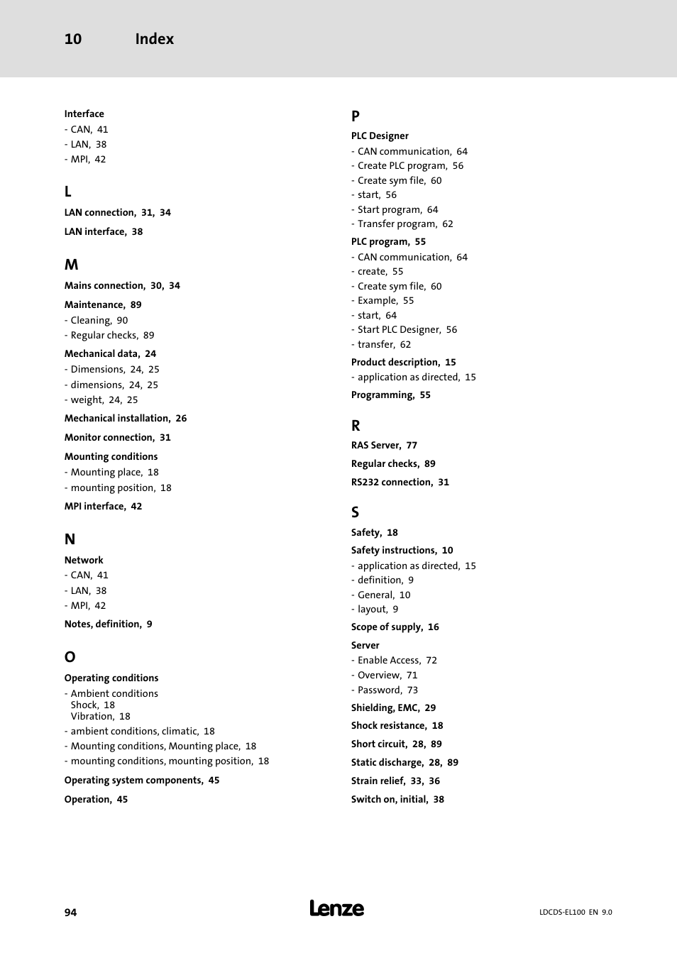 Index 10 | Lenze HMI for visualisation / with control technology User Manual | Page 94 / 96