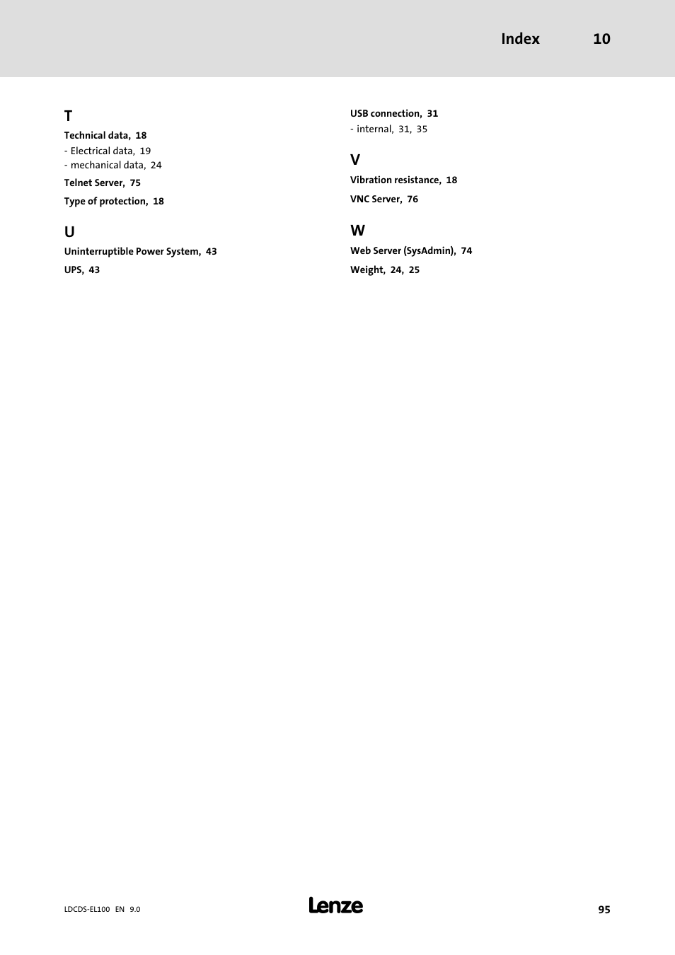 Index 10 | Lenze HMI for visualisation / with control technology User Manual | Page 95 / 96