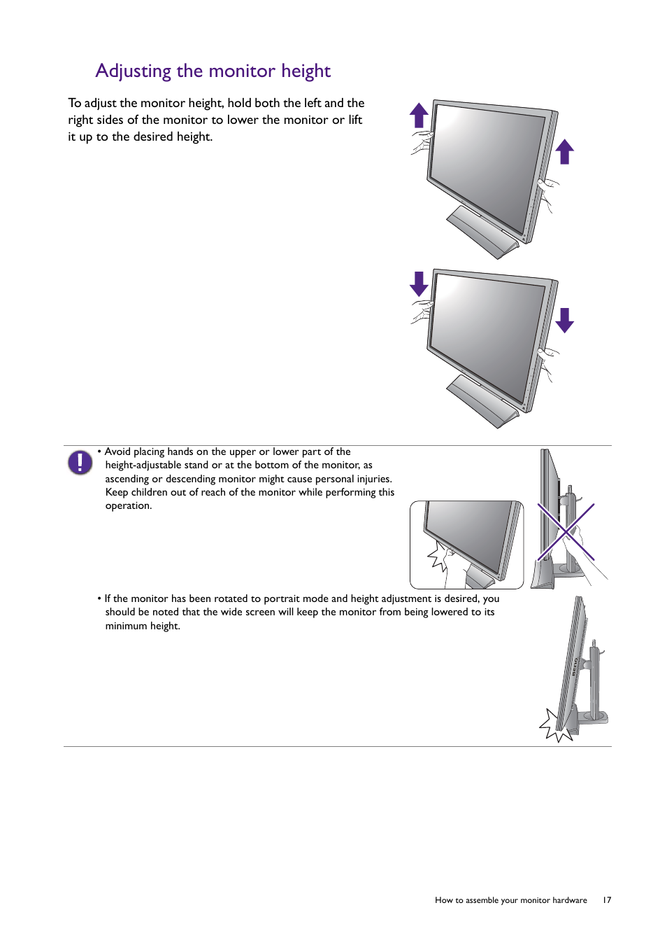 Adjusting the monitor height | BenQ Ultimate Esports Gaming Monitor XL2420T / XL2420TX User Manual | Page 17 / 52