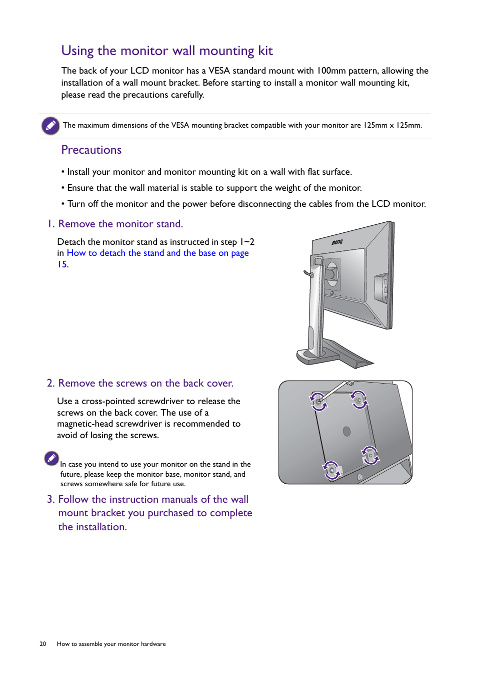 Using the monitor wall mounting kit, Precautions | BenQ Ultimate Esports Gaming Monitor XL2420T / XL2420TX User Manual | Page 20 / 52