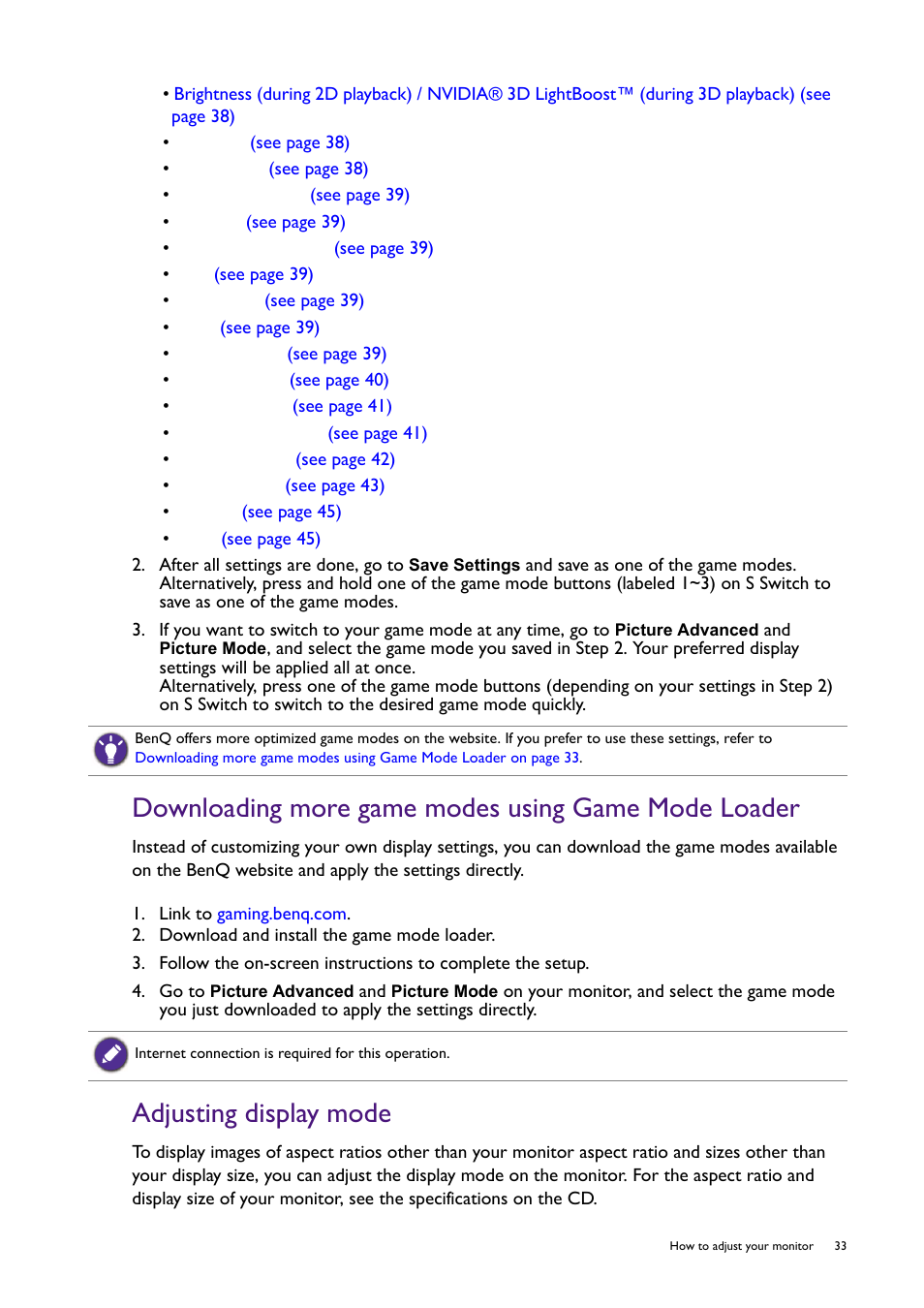 Downloading more game modes using game mode loader, Adjusting display mode | BenQ Ultimate Esports Gaming Monitor XL2420T / XL2420TX User Manual | Page 33 / 52