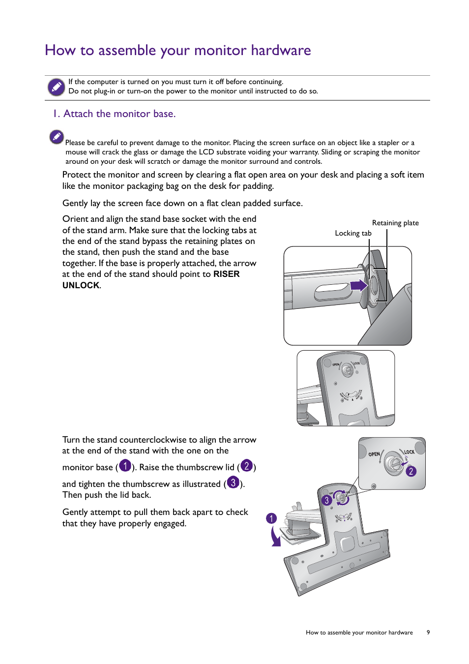 How to assemble your monitor hardware, Attach the monitor base | BenQ Ultimate Esports Gaming Monitor XL2420T / XL2420TX User Manual | Page 9 / 52