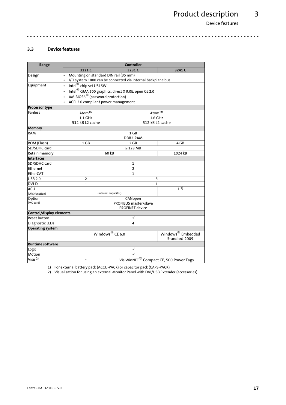 3 device features, Device features, Product description | Lenze Controller 3200 C Operating Instructions User Manual | Page 17 / 40