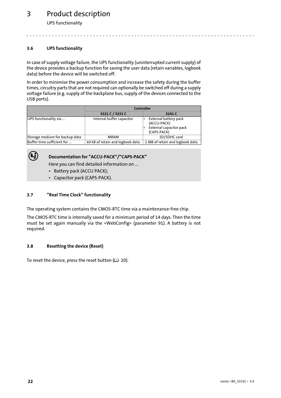 6 ups functionality, 7 "real time clock" functionality, 8 resetting the device (reset) | Ups functionality, Real time clock" functionality, Resetting the device (reset), Product description | Lenze Controller 3200 C Operating Instructions User Manual | Page 22 / 40