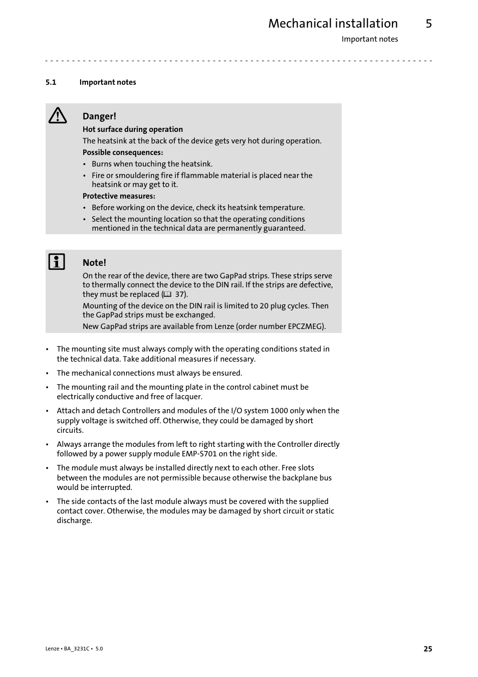 5 mechanical installation, 1 important notes, Mechanical installation | Important notes | Lenze Controller 3200 C Operating Instructions User Manual | Page 25 / 40