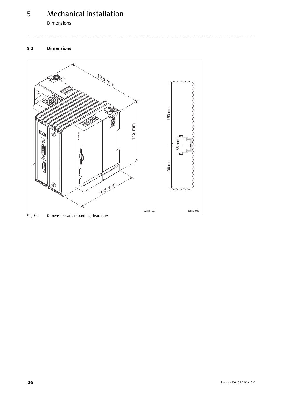 2 dimensions, Dimensions, Mechanical installation | Lenze Controller 3200 C Operating Instructions User Manual | Page 26 / 40