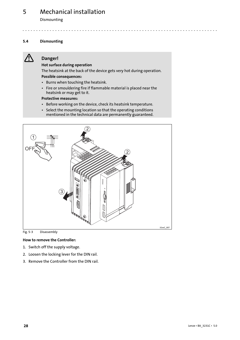 4 dismounting, Dismounting, Mechanical installation | Lenze Controller 3200 C Operating Instructions User Manual | Page 28 / 40