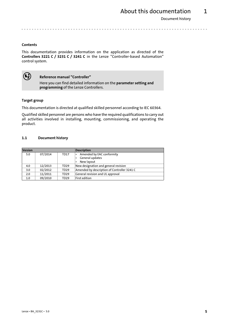1 about this documentation, 1 document history, About this documentation | Document history | Lenze Controller 3200 C Operating Instructions User Manual | Page 5 / 40