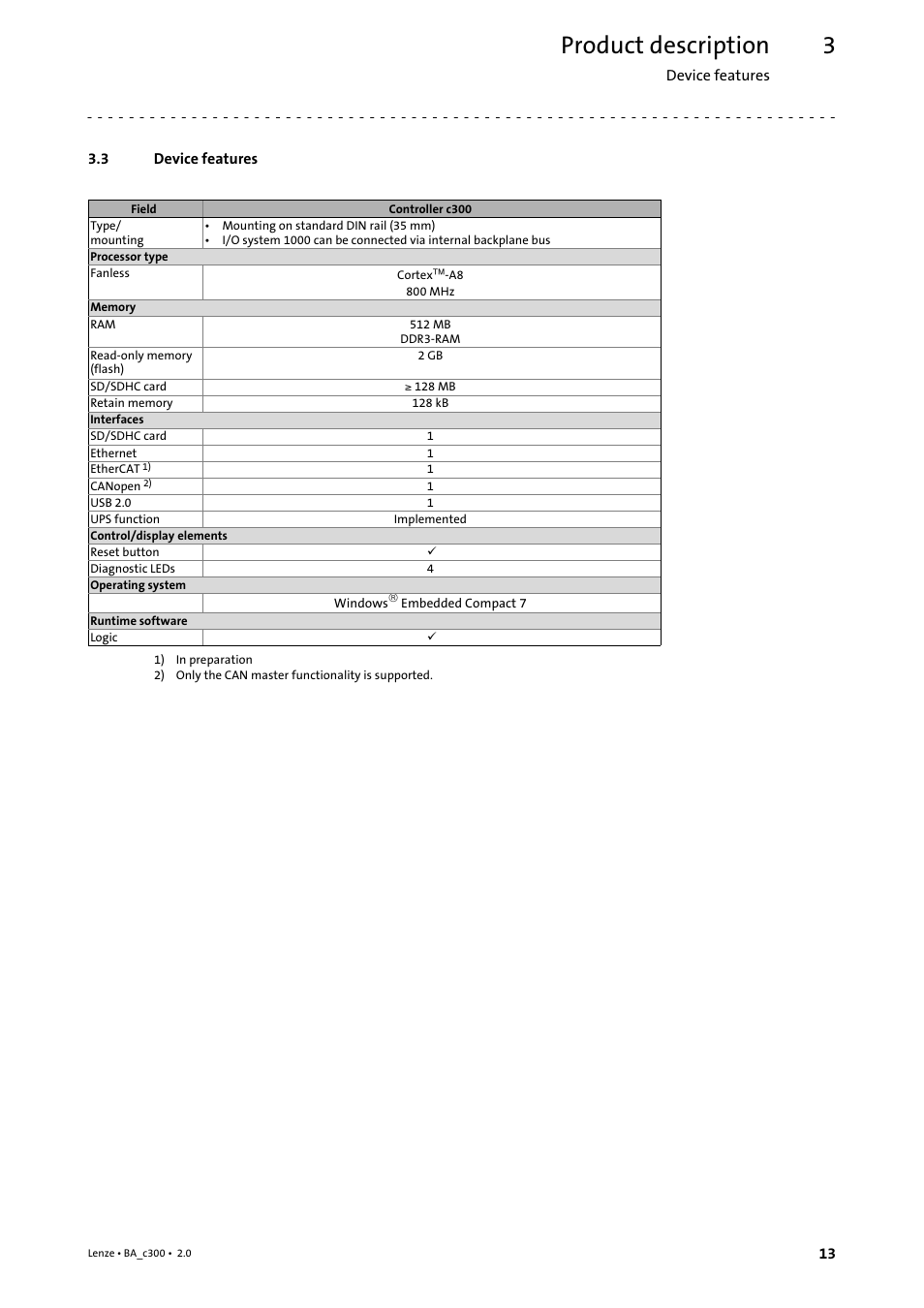 3 device features, Device features, Product description | Lenze c300 Operating Instructions User Manual | Page 13 / 35