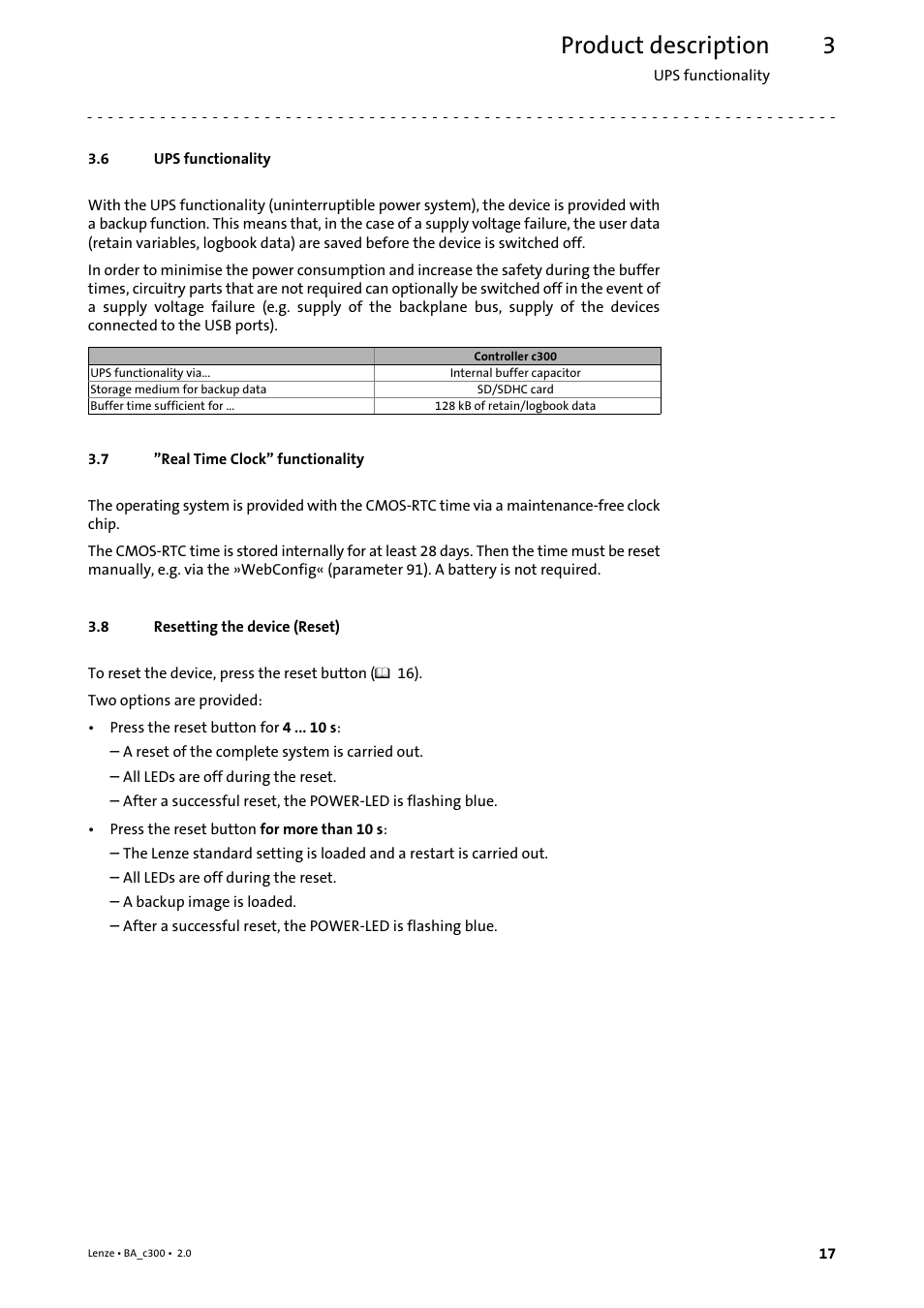 6 ups functionality, 7 "real time clock" functionality, 8 resetting the device (reset) | Ups functionality, Real time clock" functionality, Resetting the device (reset), Product description | Lenze c300 Operating Instructions User Manual | Page 17 / 35