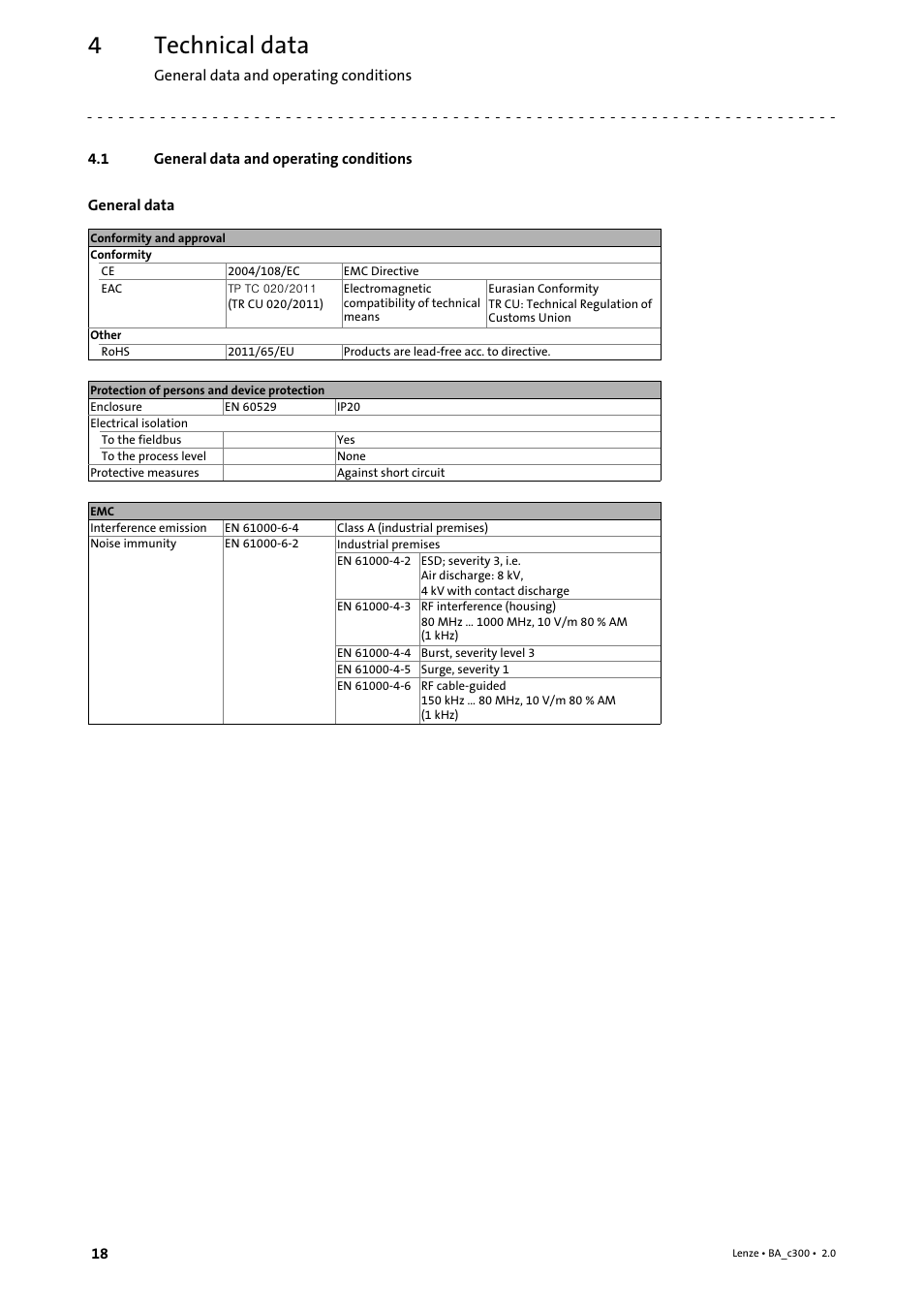 4 technical data, 1 general data and operating conditions, Technical data | General data and operating conditions | Lenze c300 Operating Instructions User Manual | Page 18 / 35