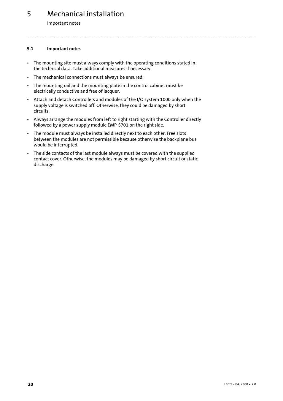 5 mechanical installation, 1 important notes, Mechanical installation | Important notes | Lenze c300 Operating Instructions User Manual | Page 20 / 35
