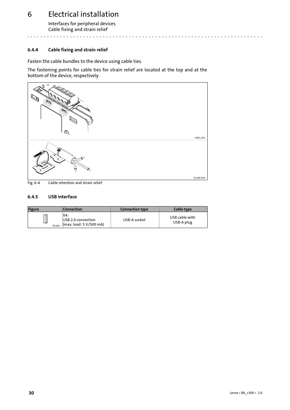 4 cable fixing and strain relief, 5 usb interface, Cable fixing and strain relief | Usb interface, Electrical installation | Lenze c300 Operating Instructions User Manual | Page 30 / 35