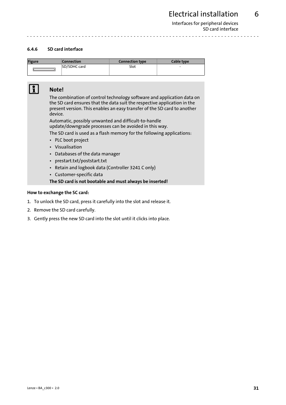 6 sd card interface, Sd card interface, Electrical installation | Lenze c300 Operating Instructions User Manual | Page 31 / 35