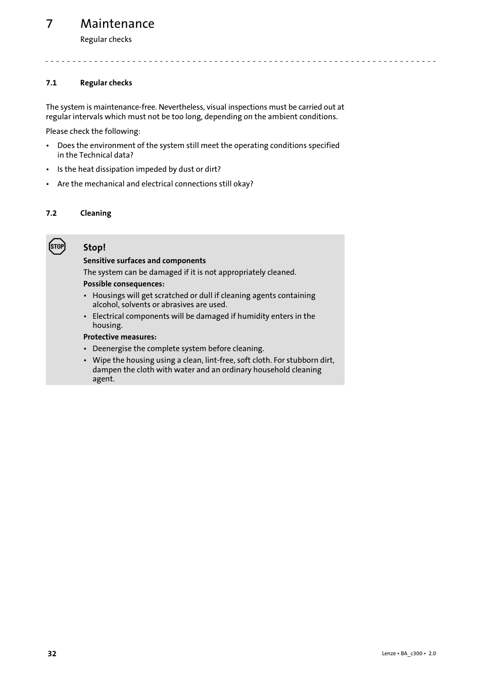 7 maintenance, 1 regular checks, 2 cleaning | Maintenance, Regular checks, Cleaning | Lenze c300 Operating Instructions User Manual | Page 32 / 35