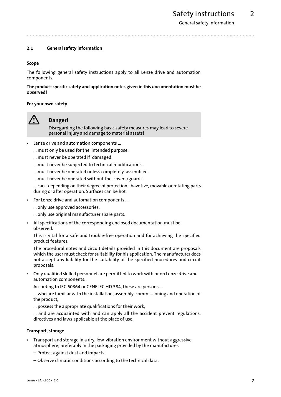 2 safety instructions, 1 general safety information, Safety instructions | General safety information | Lenze c300 Operating Instructions User Manual | Page 7 / 35