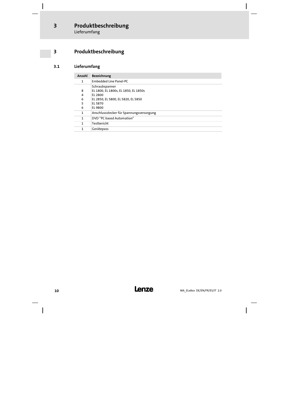 Produktbeschreibung, Lieferumfang | Lenze EL 9800 Mounting Instructions User Manual | Page 10 / 89