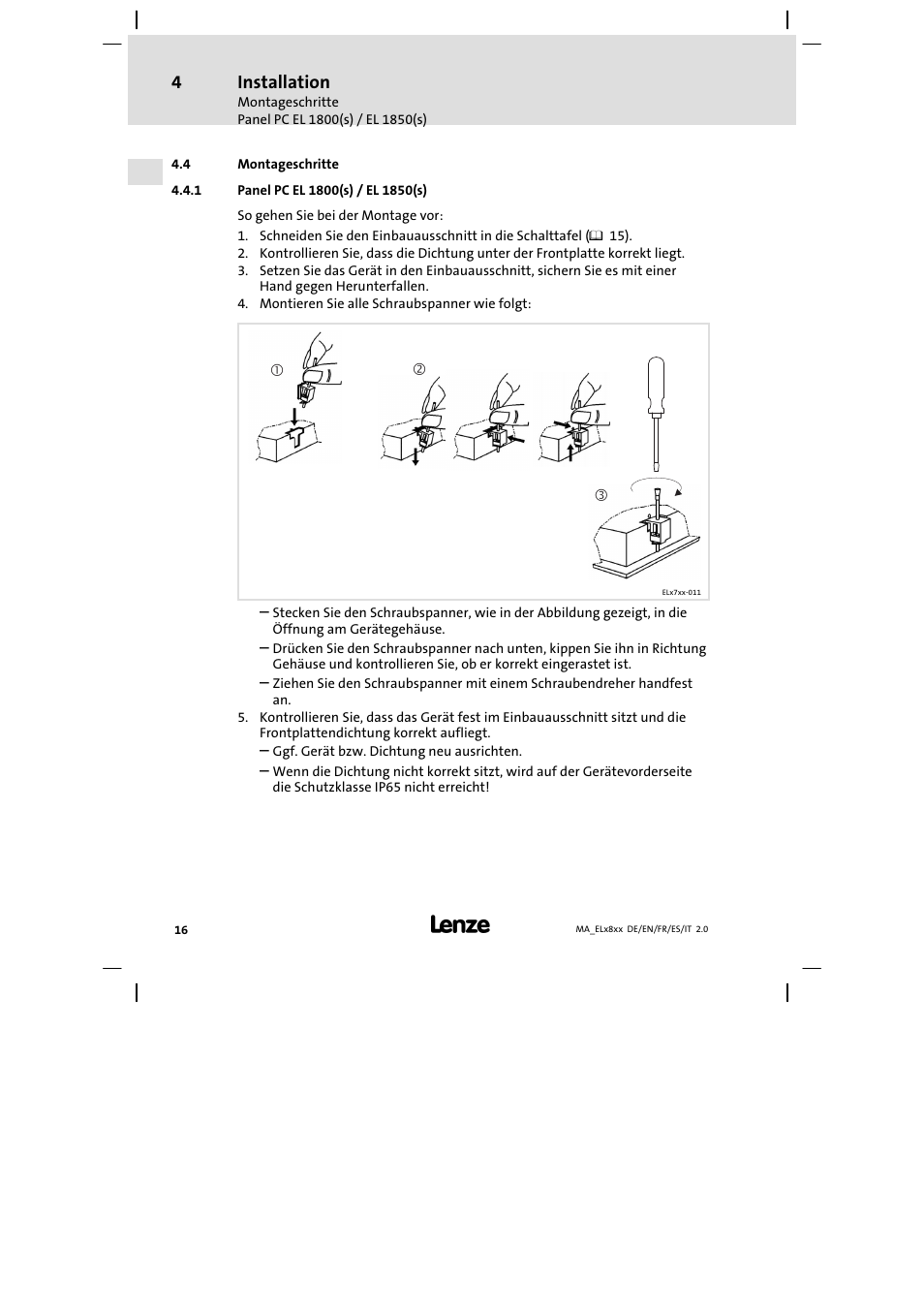 Montageschritte, Panel pc el 1800(s) / el 1850(s), Installation | Lenze EL 9800 Mounting Instructions User Manual | Page 16 / 89